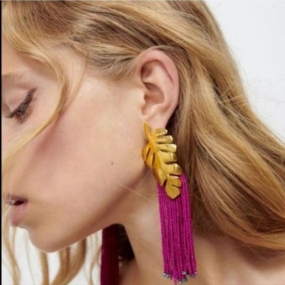 New ZARA ISLAND VIBES palm leaf beaded fringe dangle earrings - Picture 8 of 10